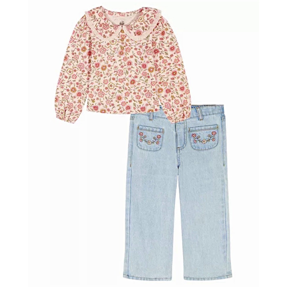 NEW Kids Headquarters Girls Floral Blouse & Wide Leg Jeans Set Size 5